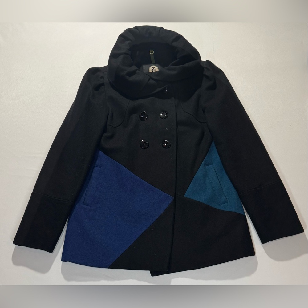 Velvet Hearts Small Wool Jacket Coat Black Blue Color Block Oversized Collar